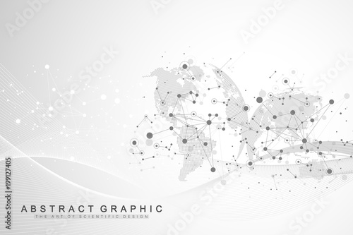 World map point with global technology networking concept. Digital data visualization. Lines plexus. Big Data background communication. Scientific vector illustration.