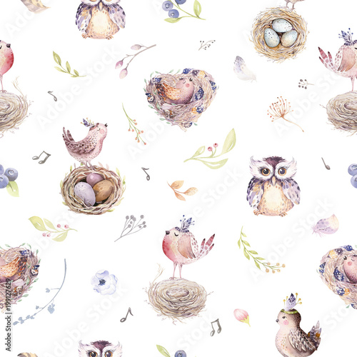 Watercolor spring rustic pattern with nest, birds, branch,tree twigs and feather. Watercolour seamless hand drawn bird background. Vintage, boho illustration