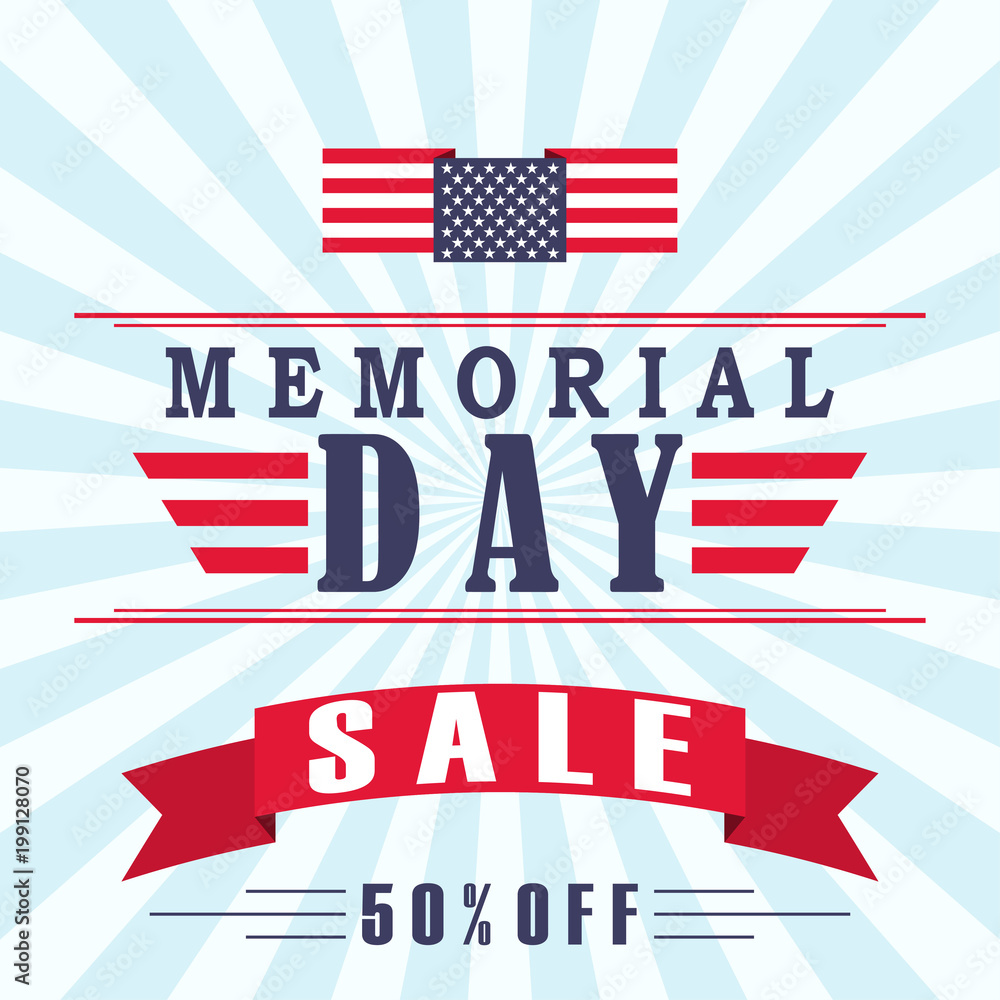 Vector Memorial Day sale background with stars, ribbon and lettering. Template for Memorial Day.