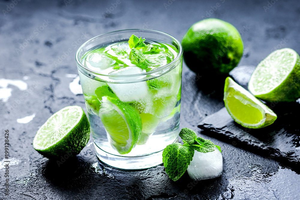mojito in glass on dark background close up mojito in glass on dark background close up