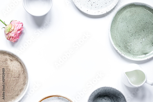 ceramic tableware top view on white background mock up