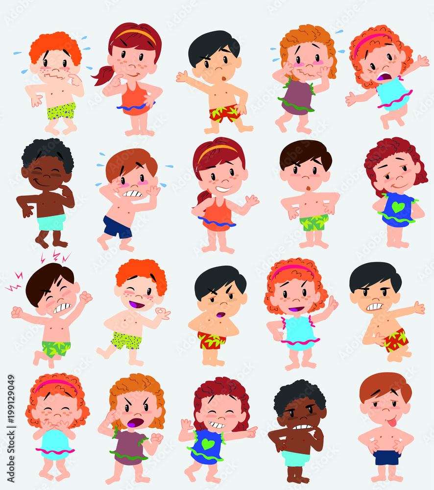 Cartoon character boys and girls in a swimsuit. Set with different postures, attitudes and poses, doing different activities. Vector illustrations. Cartoon character boys and girls in a swimsuit. Set with different postures, attitudes and poses, doing different activities. Vector illustrations.