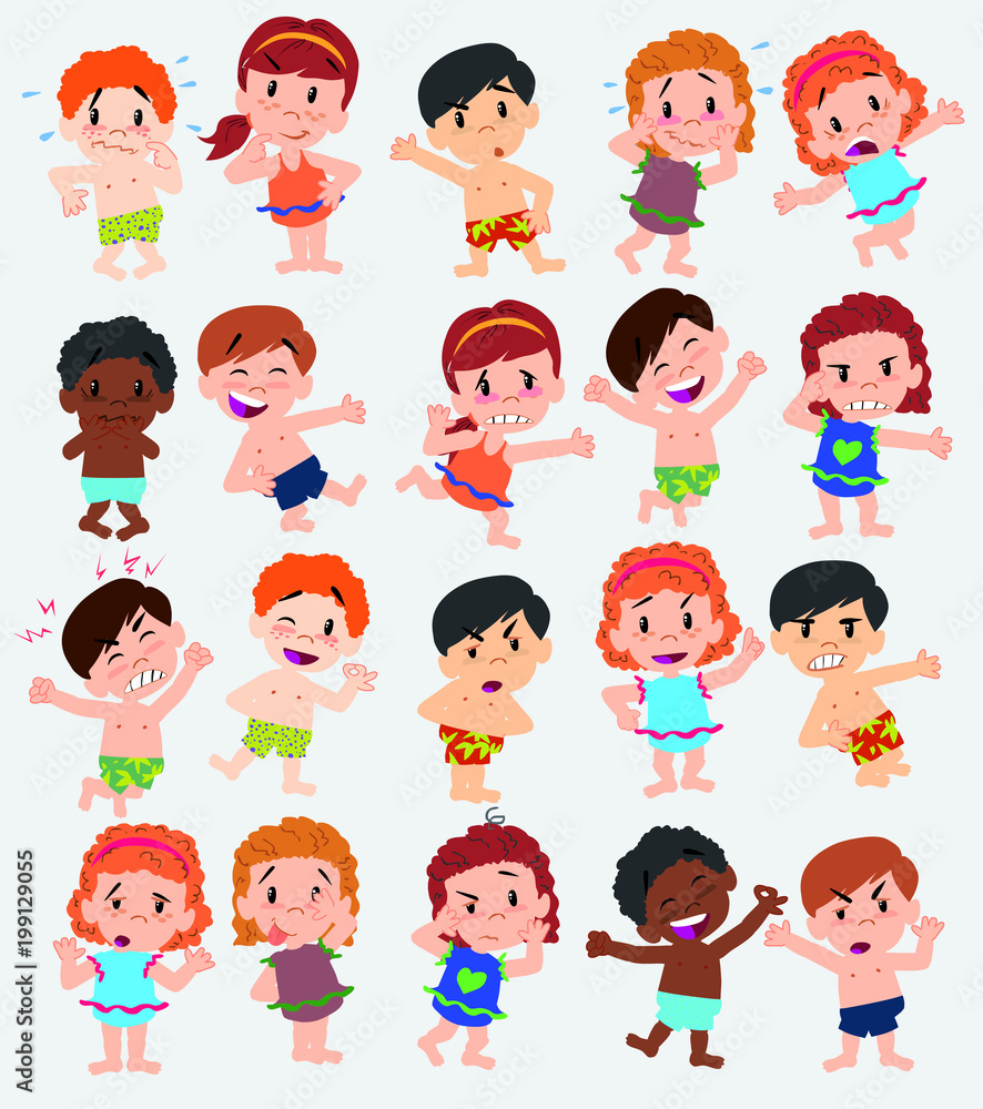 Cartoon character boys and girls in a swimsuit. Set with different postures, attitudes and poses, doing different activities. Vector illustrations. Cartoon character boys and girls in a swimsuit. Set with different postures, attitudes and poses, doing different activities. Vector illustrations.