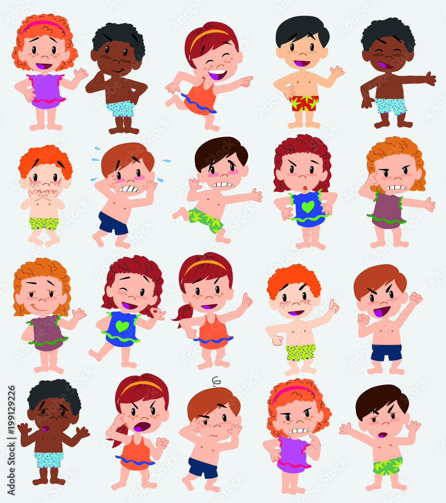 Cartoon character boys and girls in a swimsuit. Set with different postures, attitudes and poses, doing different activities. Vector illustrations. Cartoon character boys and girls in a swimsuit. Set with different postures, attitudes and poses, doing different activities. Vector illustrations.