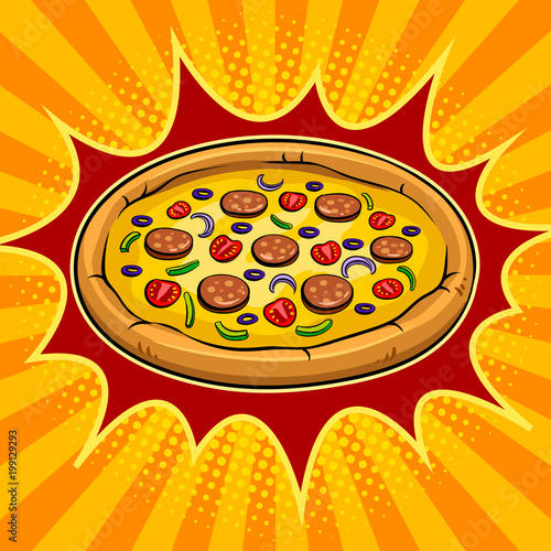 Fototapeta Round pizza pop art vector illustration
