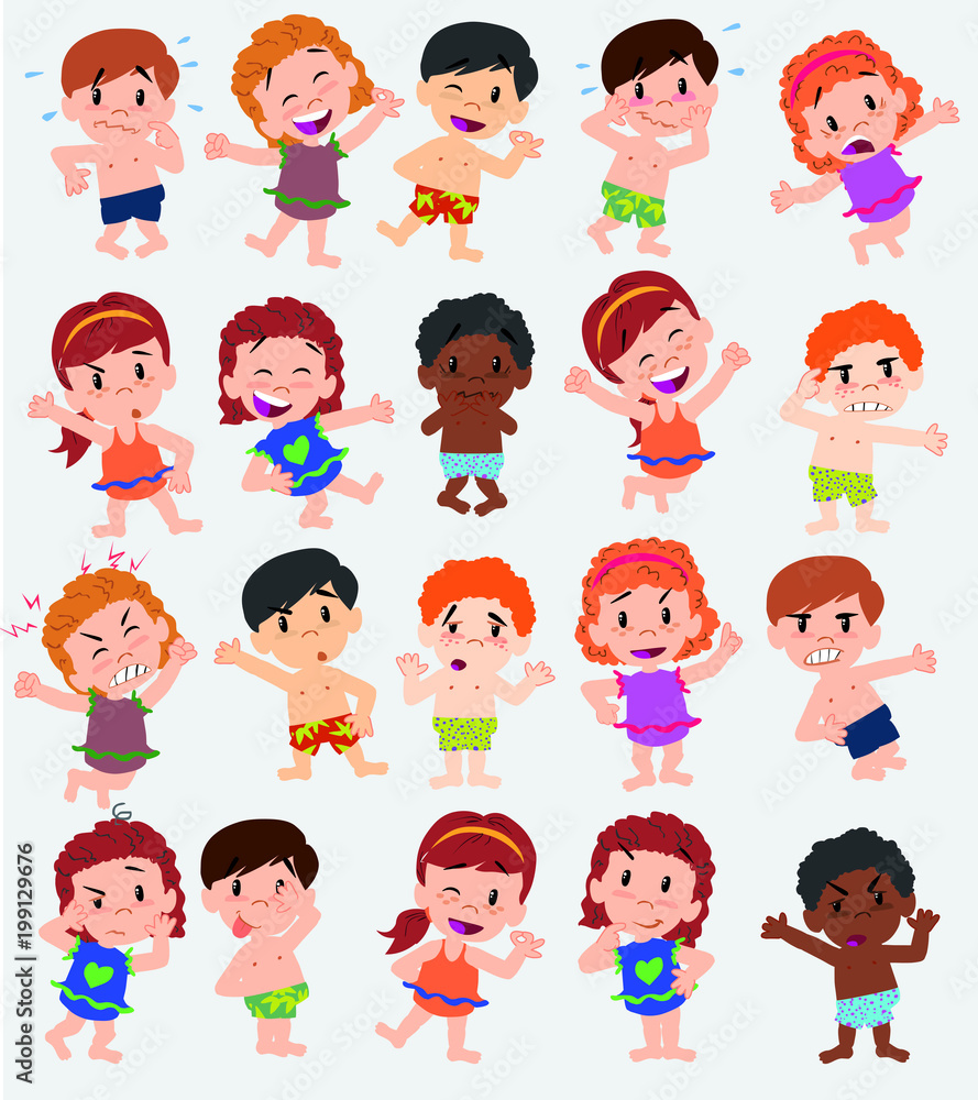 Cartoon character boys and girls in a swimsuit. Set with different postures, attitudes and poses, doing different activities. Vector illustrations. Cartoon character boys and girls in a swimsuit. Set with different postures, attitudes and poses, doing different activities. Vector illustrations.