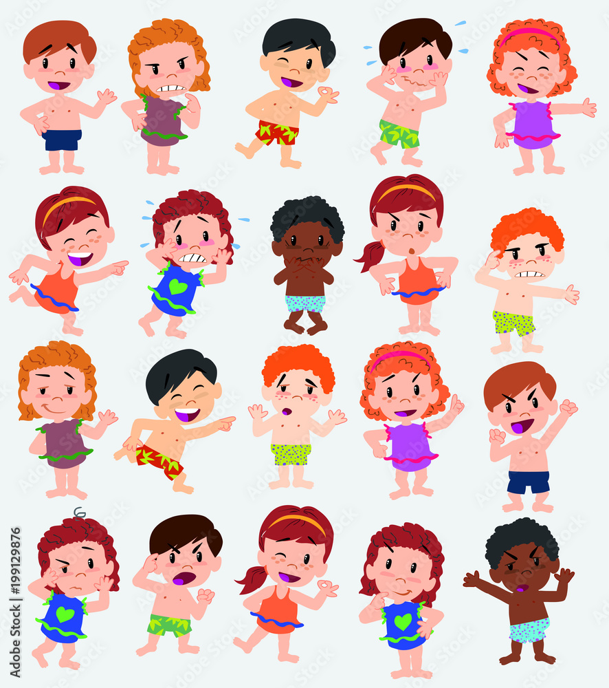 Cartoon character boys and girls in a swimsuit. Set with different postures, attitudes and poses, doing different activities. Vector illustrations. Cartoon character boys and girls in a swimsuit. Set with different postures, attitudes and poses, doing different activities. Vector illustrations.