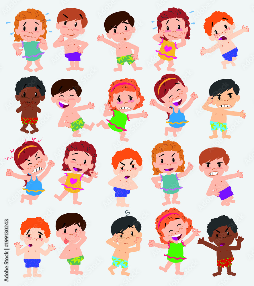 Cartoon character boys and girls in a swimsuit. Set with different postures, attitudes and poses, doing different activities. Vector illustrations. Cartoon character boys and girls in a swimsuit. Set with different postures, attitudes and poses, doing different activities. Vector illustrations.