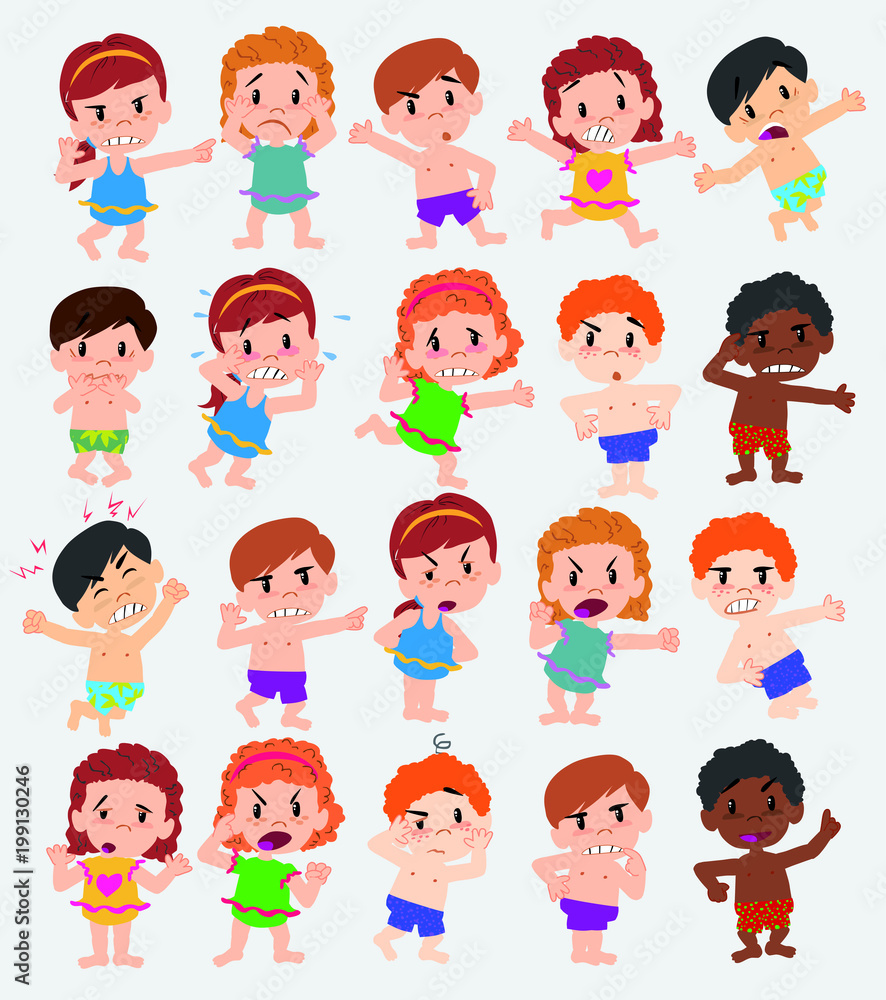 Cartoon character boys and girls in a swimsuit. Set with different postures, attitudes and poses, doing different activities. Vector illustrations. Cartoon character boys and girls in a swimsuit. Set with different postures, attitudes and poses, doing different activities. Vector illustrations.
