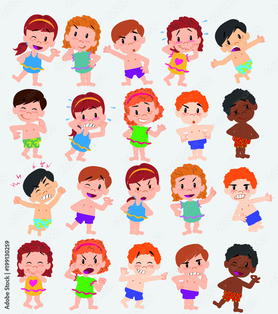 Cartoon character boys and girls in a swimsuit. Set with different postures, attitudes and poses, doing different activities. Vector illustrations. Cartoon character boys and girls in a swimsuit. Set with different postures, attitudes and poses, doing different activities. Vector illustrations.