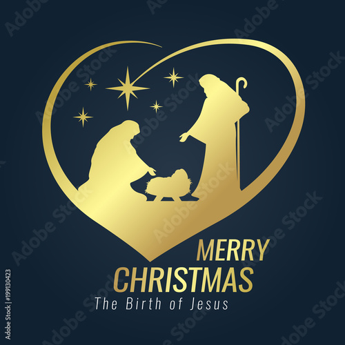 Merry Christmas banner gold sign with Nightly christmas scenery mary and joseph in a manger with baby Jesus and Meteor in heart sign on blue background vector design