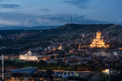 Evening view at the Holy Trinity Cathedral in Tbilisi, Georgia.