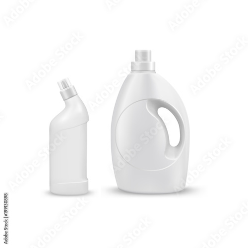 mock up liquid laundry detergent package, realistic set of  blank plastic white bottles. Mockup for brand and package design