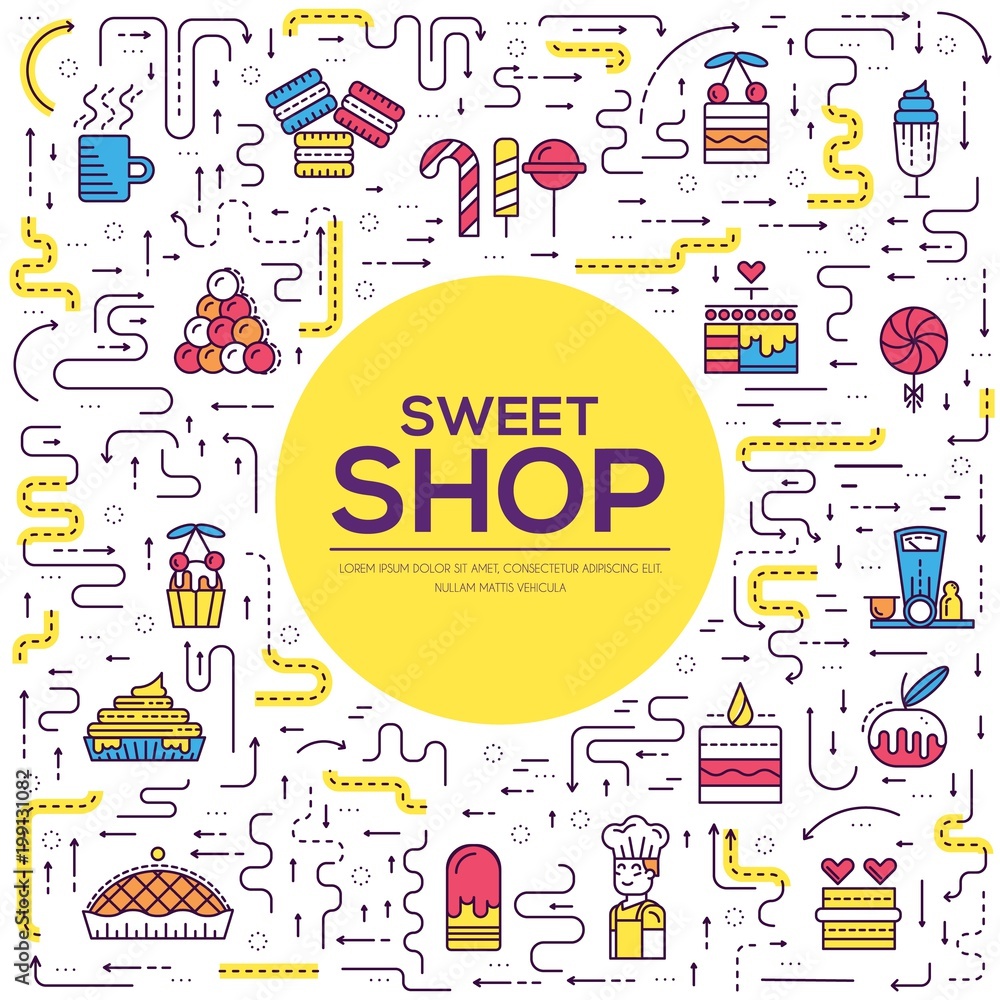 Fototapeta premium Thin line Happy people baking brochure cards set. Decorating cakes template of flyear, magazines, poster, book cover, banners. Outline confectionery shop invitation concept