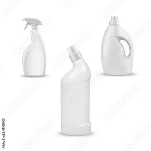 mock up liquid laundry detergent package, realistic set of  blank plastic white bottles. Mockup for brand and package design