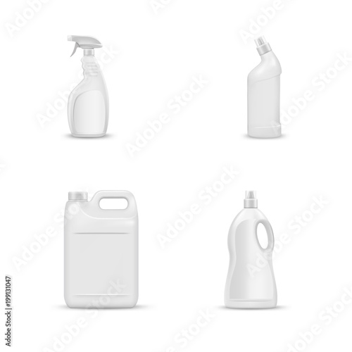 mock up liquid laundry detergent package, realistic set of  blank plastic white bottles. Mockup for brand and package design