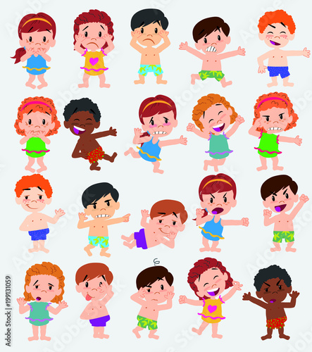 Cartoon character boys and girls in a swimsuit. Set with different postures, attitudes and poses, doing different activities. Vector illustrations.