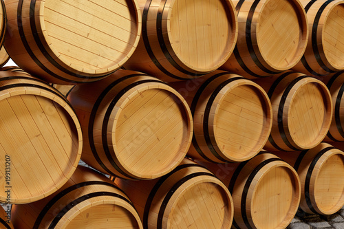 3D Illustration background wooden barrels wine. Alcoholic drink in wooden barrels, such as wine, cognac, rum, brandy.