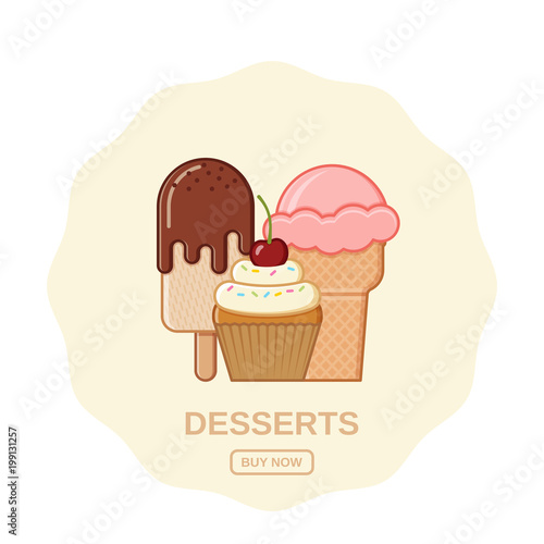 Ice cream  sundae and cupcake icons. Vector illustration. Template for online shopping. Set outline desserts. Junk and sweet snacks of cafe or restaurant. Unhealthy meal in flat line art style.