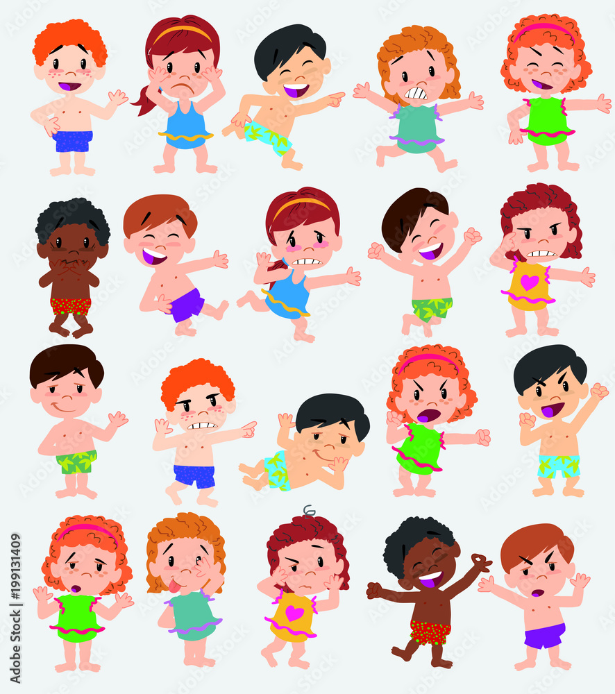 Cartoon character boys and girls in a swimsuit. Set with different postures, attitudes and poses, doing different activities. Vector illustrations. Cartoon character boys and girls in a swimsuit. Set with different postures, attitudes and poses, doing different activities. Vector illustrations.