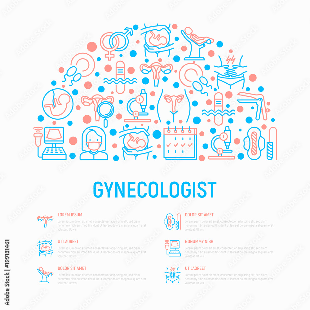 Gynecologist concept in half circle with thin line icons: uterus, ovaries, gynecological chair, pregnancy, ultrasound, sanitary napkin, embryo, menstruation. Vector illustration, web page template. Gynecologist concept in half circle with thin line icons: uterus, ovaries, gynecological chair, pregnancy, ultrasound, sanitary napkin, embryo, menstruation. Vector illustration, web page template.