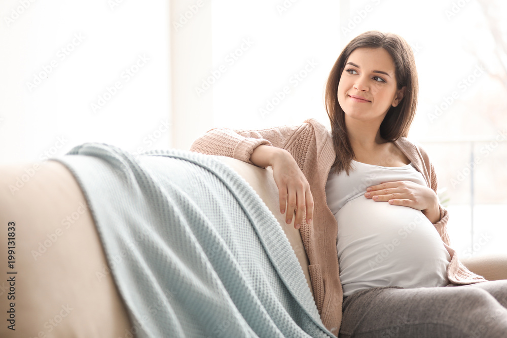 Young pregnant woman sitting on couch in living room Young pregnant woman sitting on couch in living room