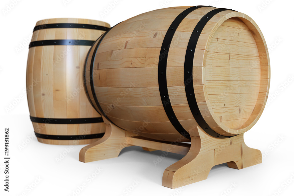 3D Illustration wooden barrels wine isolated on white background. Alcoholic drink in wooden barrels, such as wine, cognac, rum, brandy.