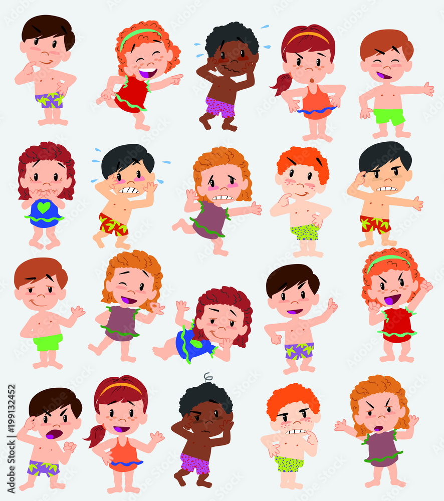 Cartoon character boys and girls in a swimsuit. Set with different postures, attitudes and poses, doing different activities. Vector illustrations. Cartoon character boys and girls in a swimsuit. Set with different postures, attitudes and poses, doing different activities. Vector illustrations.