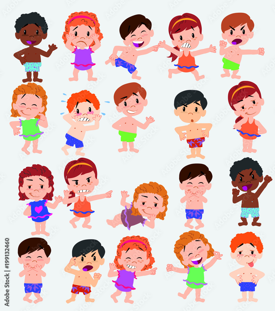 Cartoon character boys and girls in a swimsuit. Set with different postures, attitudes and poses, doing different activities. Vector illustrations. Cartoon character boys and girls in a swimsuit. Set with different postures, attitudes and poses, doing different activities. Vector illustrations.
