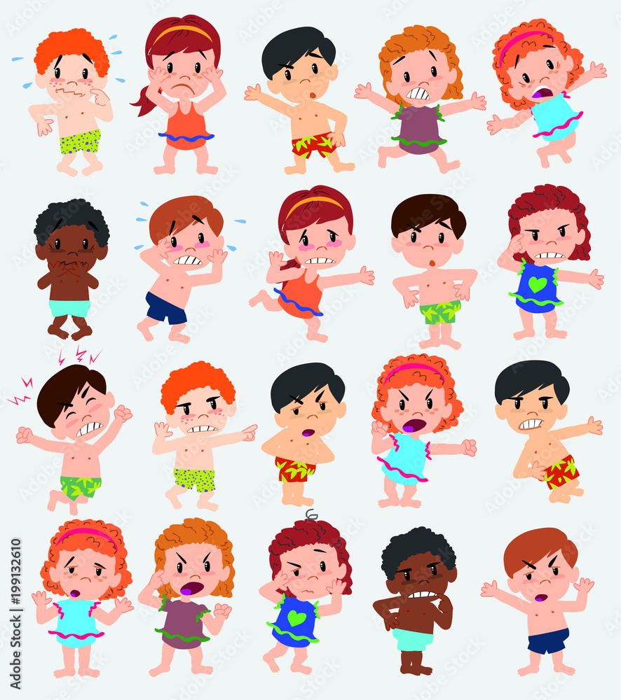 Cartoon character boys and girls in a swimsuit. Set with different postures, attitudes and poses, doing different activities. Vector illustrations. Cartoon character boys and girls in a swimsuit. Set with different postures, attitudes and poses, doing different activities. Vector illustrations.