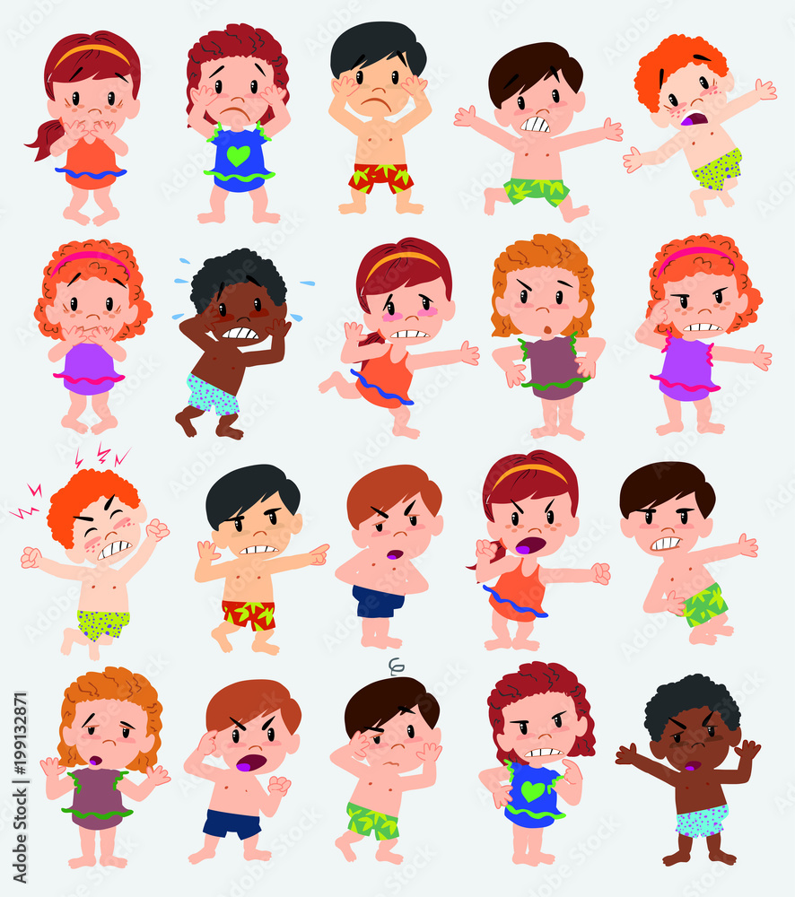 Cartoon character boys and girls in a swimsuit. Set with different postures, attitudes and poses, doing different activities. Vector illustrations. Cartoon character boys and girls in a swimsuit. Set with different postures, attitudes and poses, doing different activities. Vector illustrations.