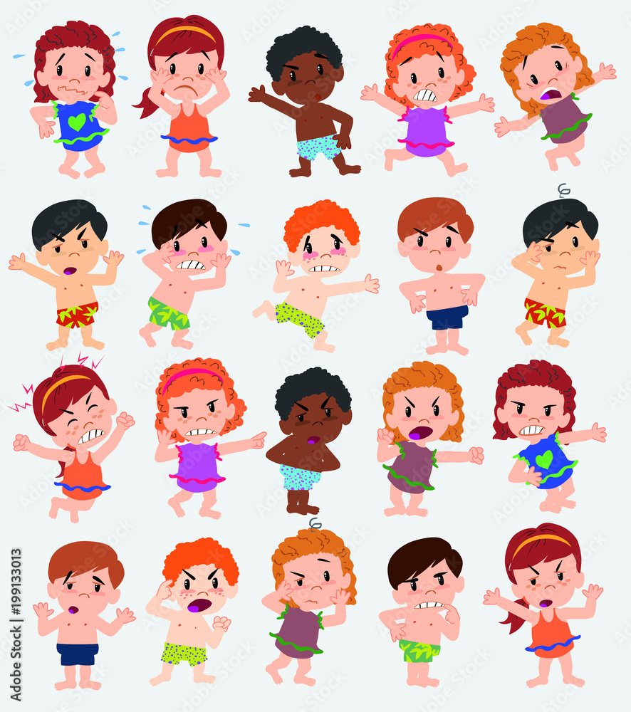 Cartoon character boys and girls in a swimsuit. Set with different postures, attitudes and poses, doing different activities. Vector illustrations. Cartoon character boys and girls in a swimsuit. Set with different postures, attitudes and poses, doing different activities. Vector illustrations.