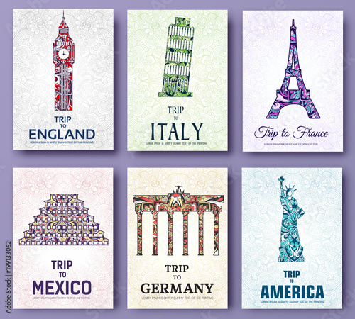 set of art ornamental travel and architecture on ethnic floral style flyers.  decorative banner of card or invitation design. Historical monuments of France, England, Italy, USA, Germany, Mexico