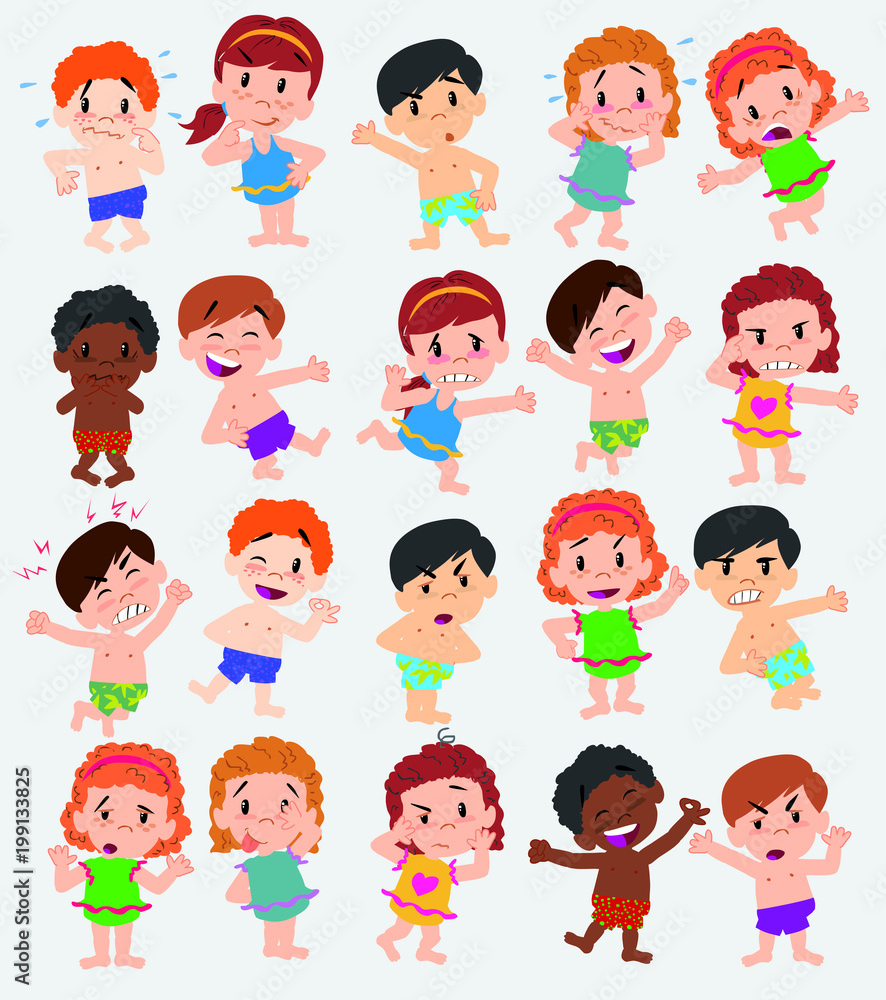 Cartoon character boys and girls in a swimsuit. Set with different postures, attitudes and poses, doing different activities. Vector illustrations. Cartoon character boys and girls in a swimsuit. Set with different postures, attitudes and poses, doing different activities. Vector illustrations.