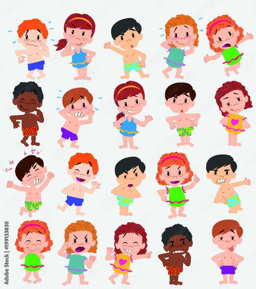 Cartoon character boys and girls in a swimsuit. Set with different postures, attitudes and poses, doing different activities. Vector illustrations.