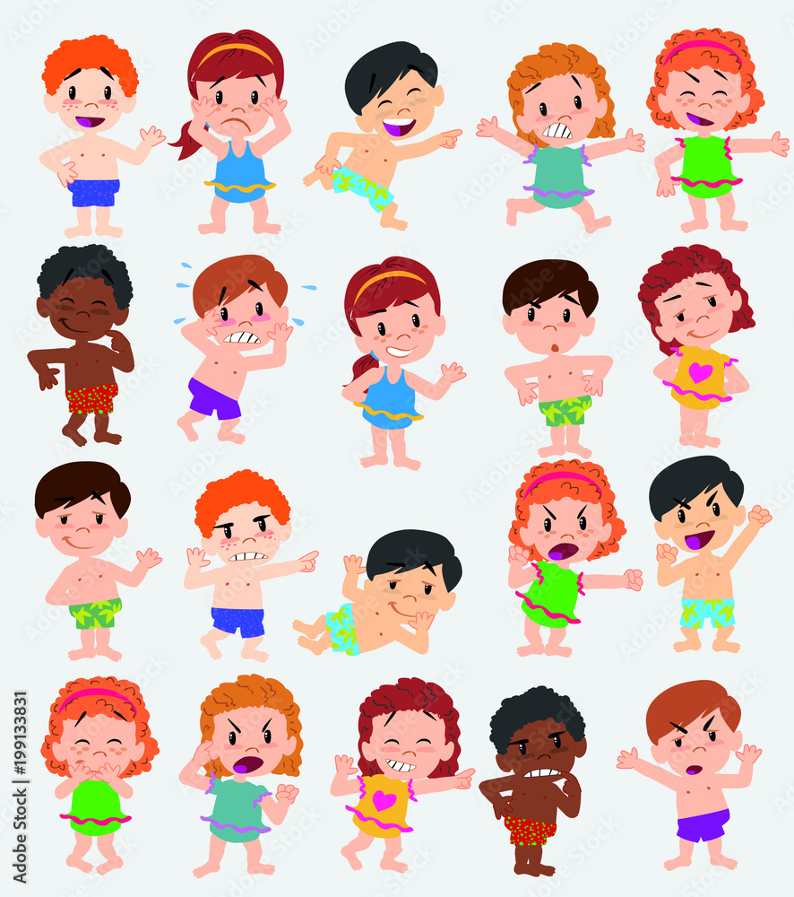 Cartoon character boys and girls in a swimsuit. Set with different postures, attitudes and poses, doing different activities. Vector illustrations. Cartoon character boys and girls in a swimsuit. Set with different postures, attitudes and poses, doing different activities. Vector illustrations.