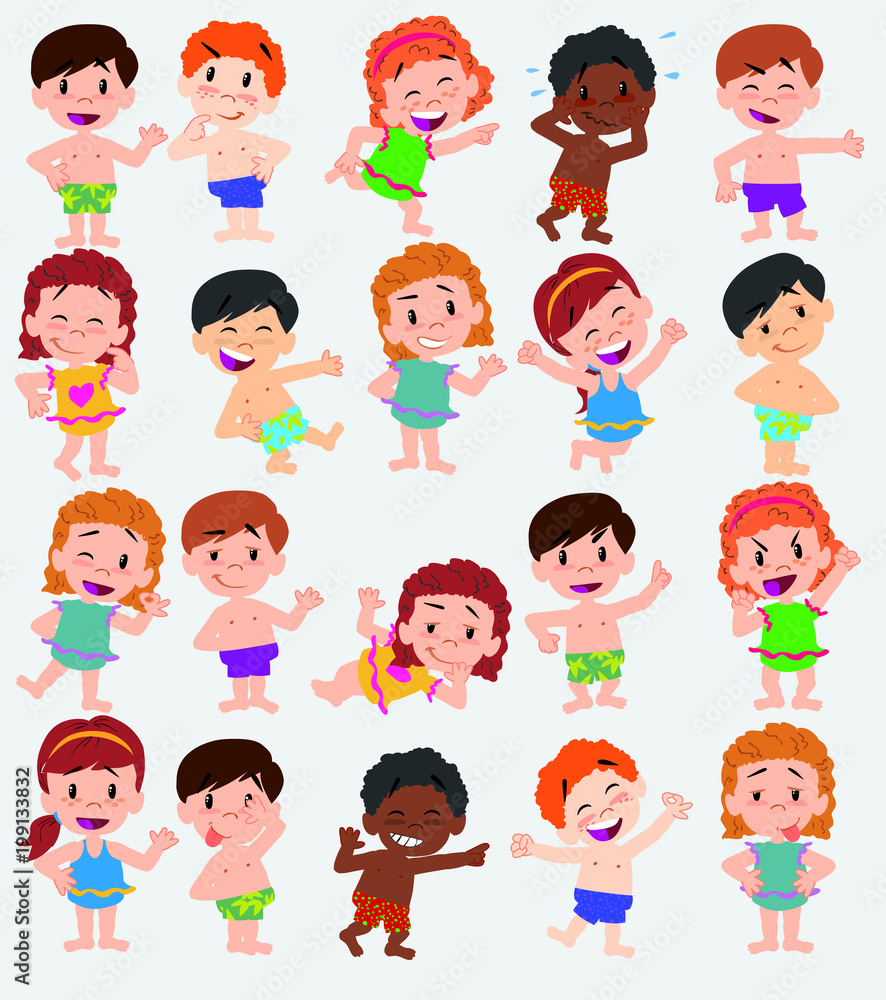 Cartoon character boys and girls in a swimsuit. Set with different postures, attitudes and poses, doing different activities. Vector illustrations. Cartoon character boys and girls in a swimsuit. Set with different postures, attitudes and poses, doing different activities. Vector illustrations.