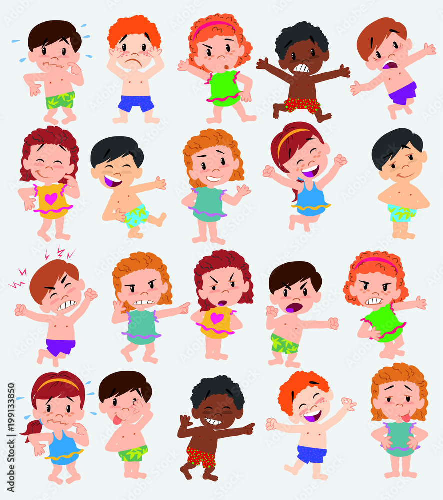Cartoon character boys and girls in a swimsuit. Set with different postures, attitudes and poses, doing different activities. Vector illustrations. Cartoon character boys and girls in a swimsuit. Set with different postures, attitudes and poses, doing different activities. Vector illustrations.
