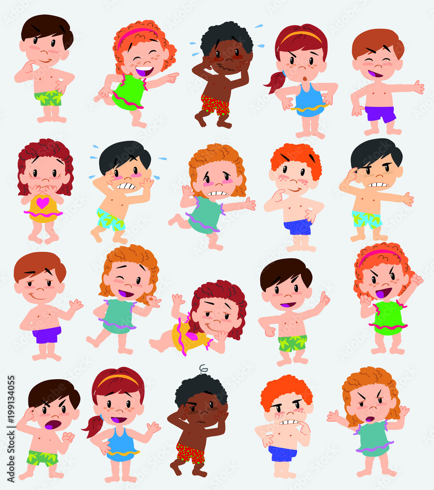 Cartoon character boys and girls in a swimsuit. Set with different postures, attitudes and poses, doing different activities. Vector illustrations. Cartoon character boys and girls in a swimsuit. Set with different postures, attitudes and poses, doing different activities. Vector illustrations.
