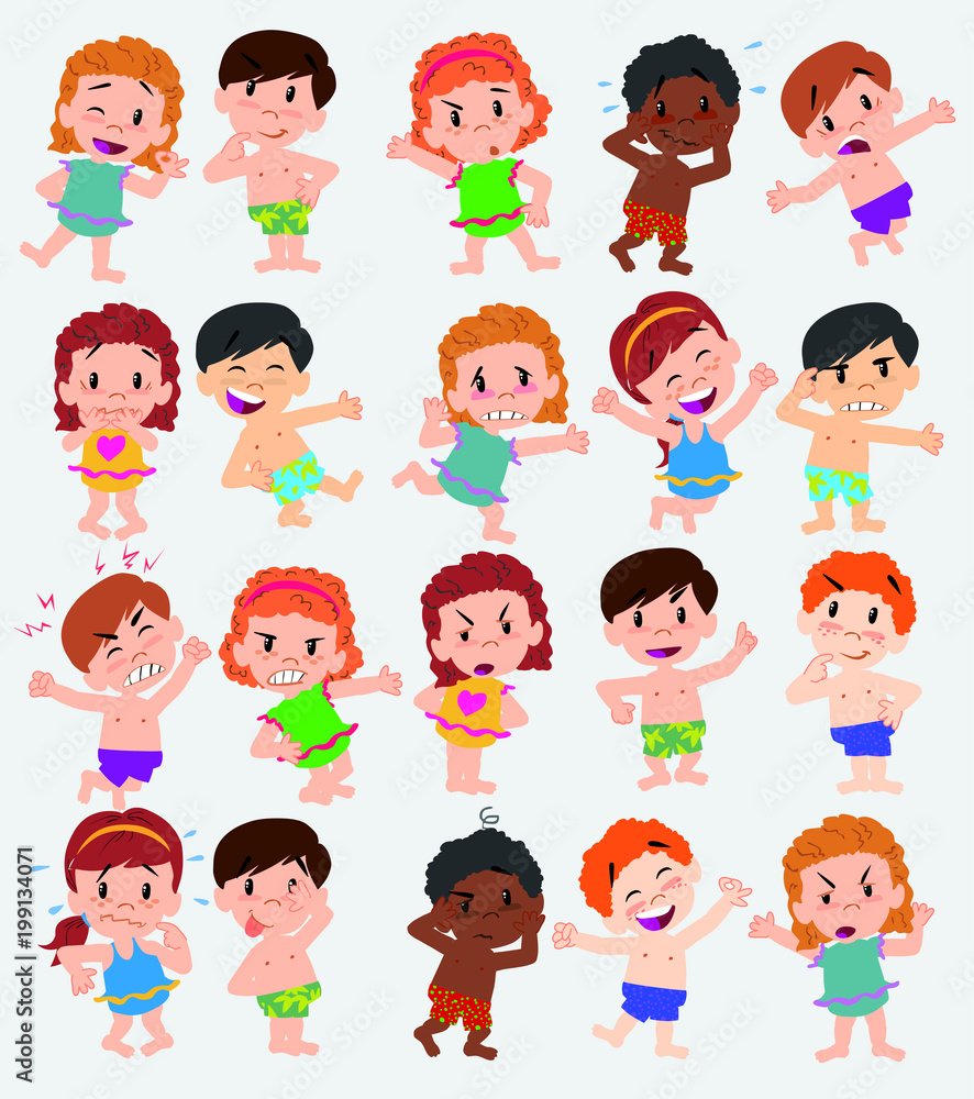 Cartoon character boys and girls in a swimsuit. Set with different postures, attitudes and poses, doing different activities. Vector illustrations. Cartoon character boys and girls in a swimsuit. Set with different postures, attitudes and poses, doing different activities. Vector illustrations.