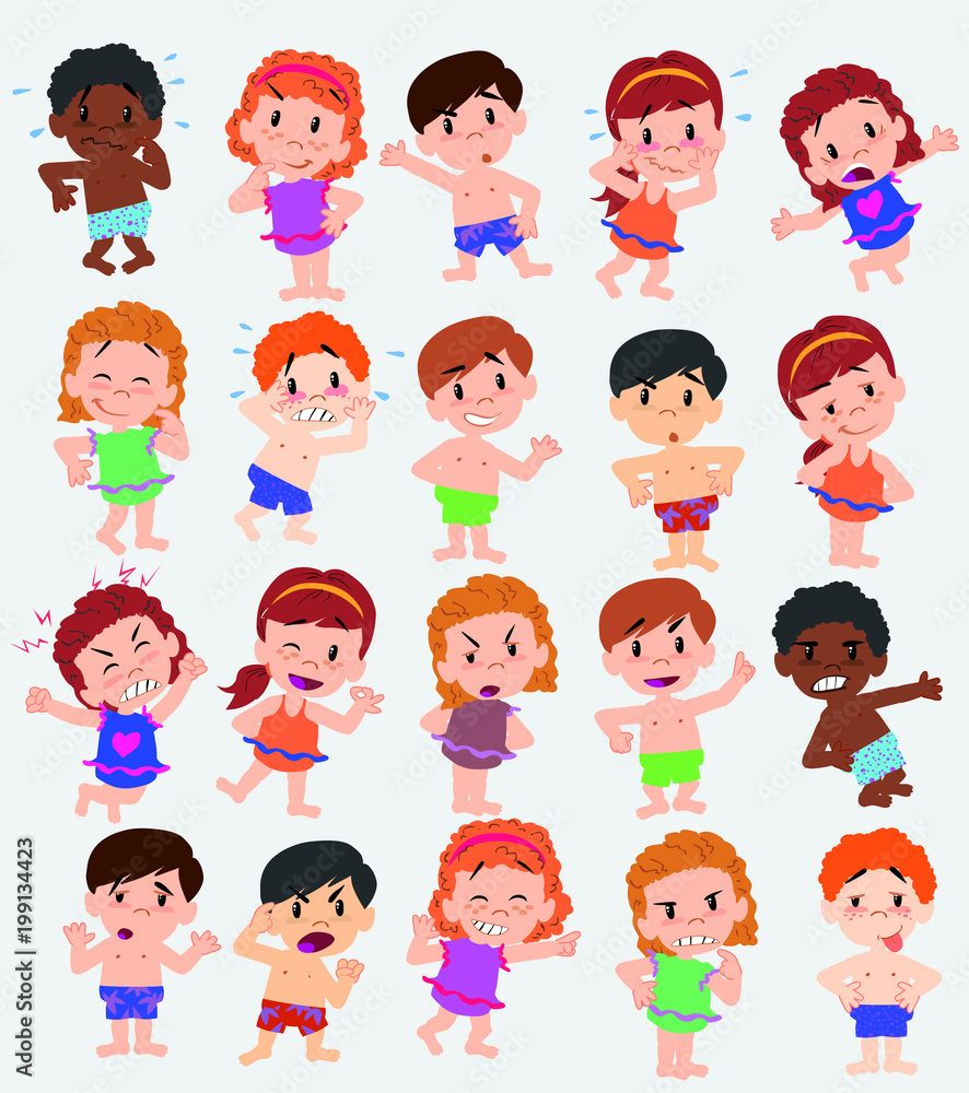 Cartoon character boys and girls in a swimsuit. Set with different postures, attitudes and poses, doing different activities. Vector illustrations. Cartoon character boys and girls in a swimsuit. Set with different postures, attitudes and poses, doing different activities. Vector illustrations.