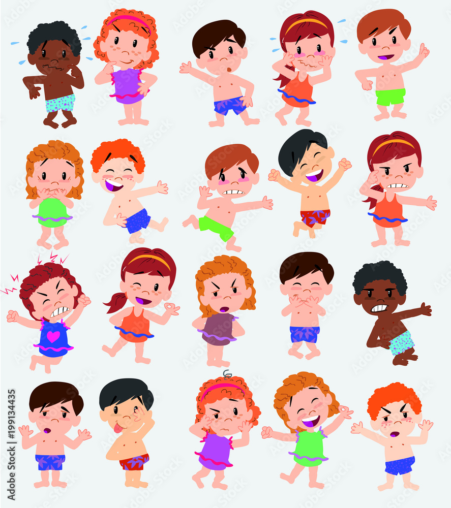 Cartoon character boys and girls in a swimsuit. Set with different postures, attitudes and poses, doing different activities. Vector illustrations. Cartoon character boys and girls in a swimsuit. Set with different postures, attitudes and poses, doing different activities. Vector illustrations.
