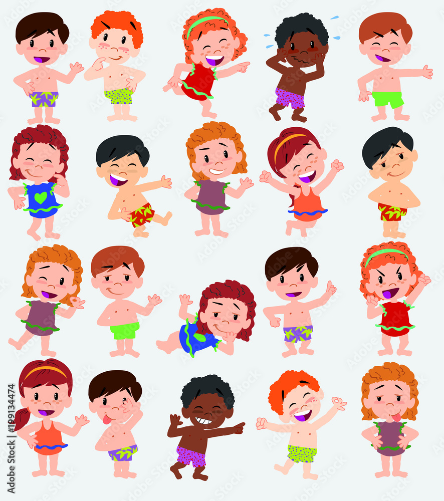 Cartoon character boys and girls in a swimsuit. Set with different postures, attitudes and poses, doing different activities. Vector illustrations. Cartoon character boys and girls in a swimsuit. Set with different postures, attitudes and poses, doing different activities. Vector illustrations.