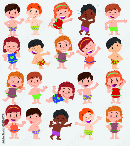 Cartoon character boys and girls in a swimsuit. Set with different postures, attitudes and poses, doing different activities. Vector illustrations.