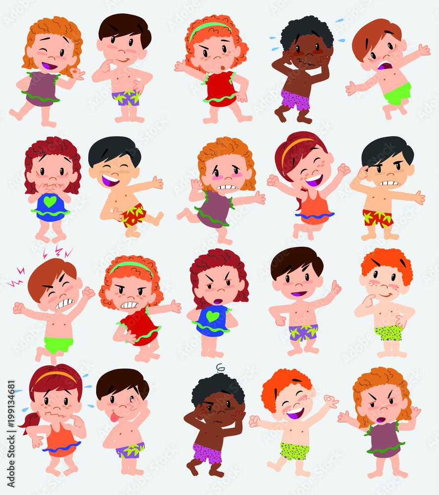Cartoon character boys and girls in a swimsuit. Set with different postures, attitudes and poses, doing different activities. Vector illustrations. Cartoon character boys and girls in a swimsuit. Set with different postures, attitudes and poses, doing different activities. Vector illustrations.
