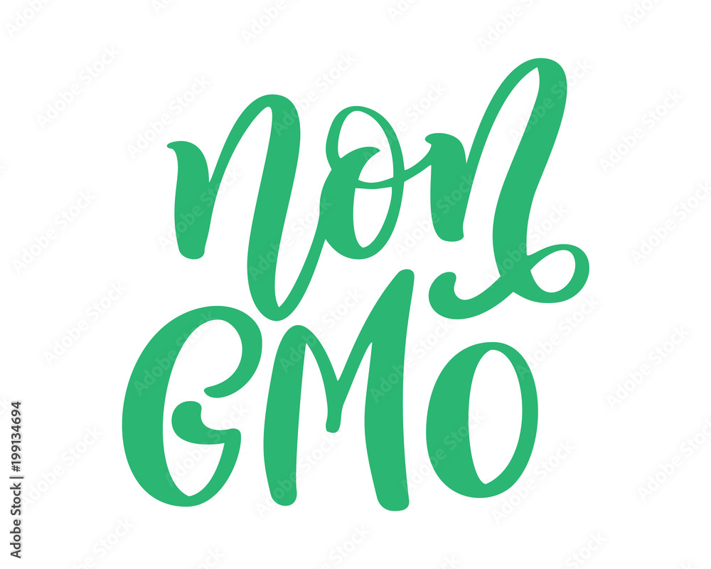 Non GMO free food Hand drawn lettering phrase isolated on white background. Vector illustration text calligraphy quote Non GMO free food Hand drawn lettering phrase isolated on white background. Vector illustration text calligraphy quote