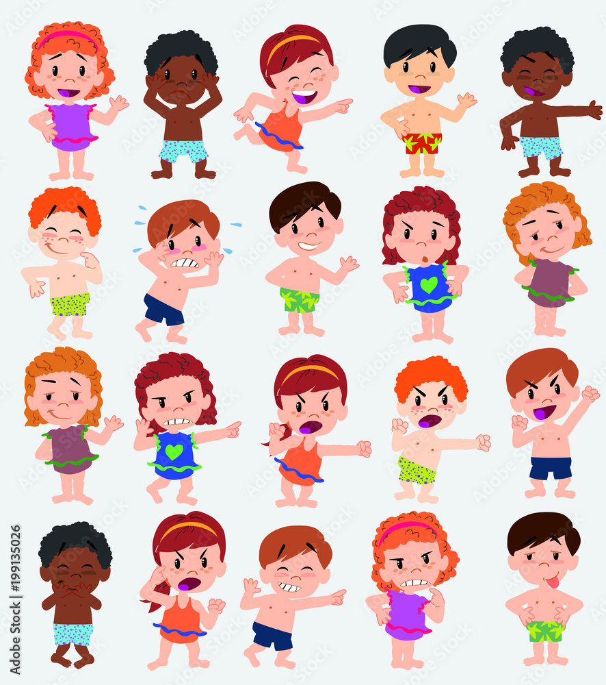 Cartoon character boys and girls in a swimsuit. Set with different postures, attitudes and poses, doing different activities. Vector illustrations. Cartoon character boys and girls in a swimsuit. Set with different postures, attitudes and poses, doing different activities. Vector illustrations.