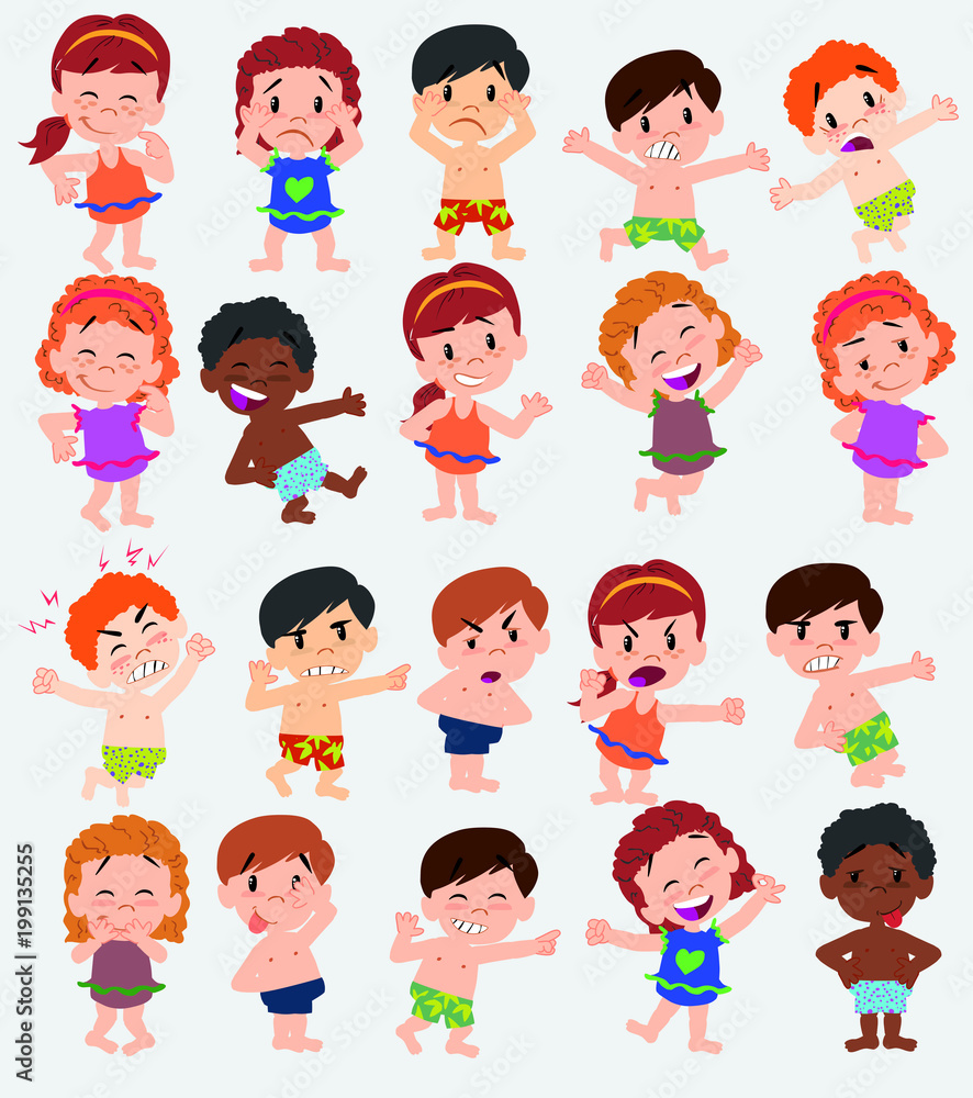 Cartoon character boys and girls in a swimsuit. Set with different postures, attitudes and poses, doing different activities. Vector illustrations. Cartoon character boys and girls in a swimsuit. Set with different postures, attitudes and poses, doing different activities. Vector illustrations.