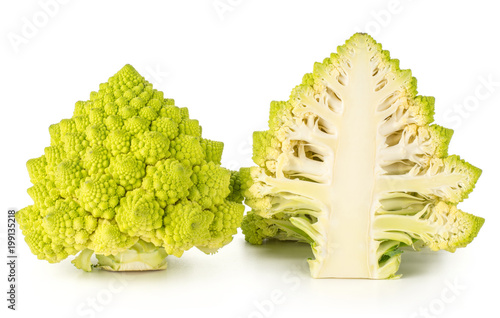 Fotografie Romanesco cauliflower one green head and section half compare isolated on white background