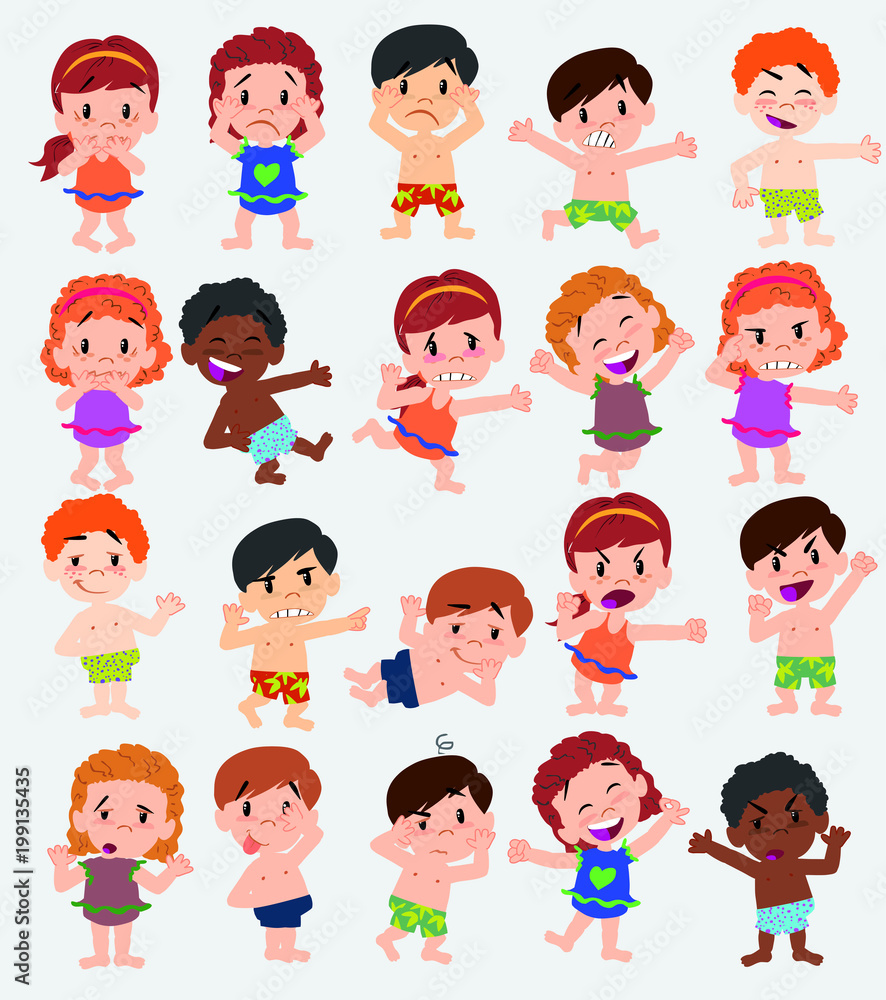 Cartoon character boys and girls in a swimsuit. Set with different postures, attitudes and poses, doing different activities. Vector illustrations. Cartoon character boys and girls in a swimsuit. Set with different postures, attitudes and poses, doing different activities. Vector illustrations.